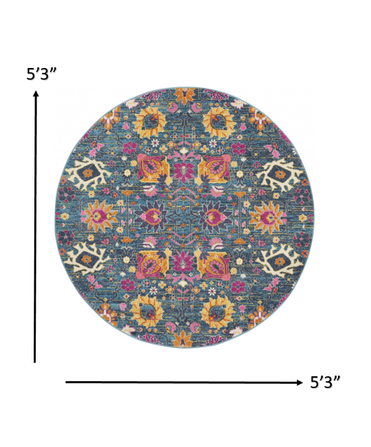 5' Blue And Orange Round Floral Power Loom Area Rug