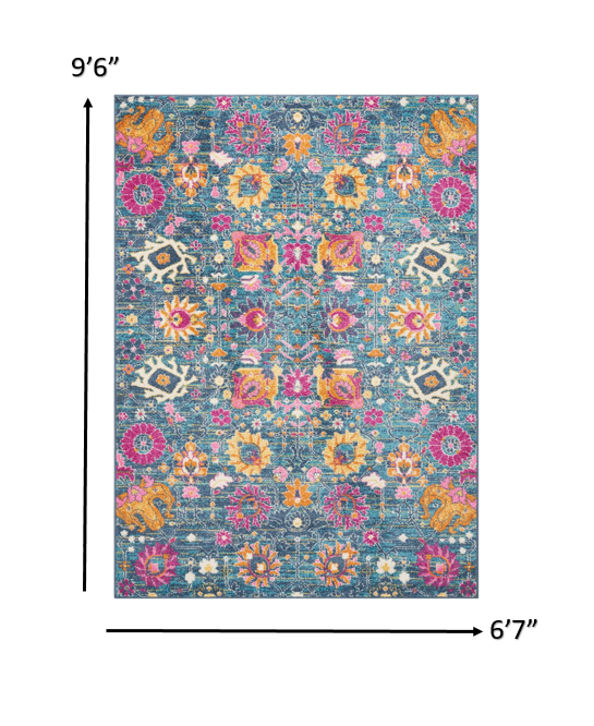 7' X 10' Blue And Orange Floral Power Loom Area Rug