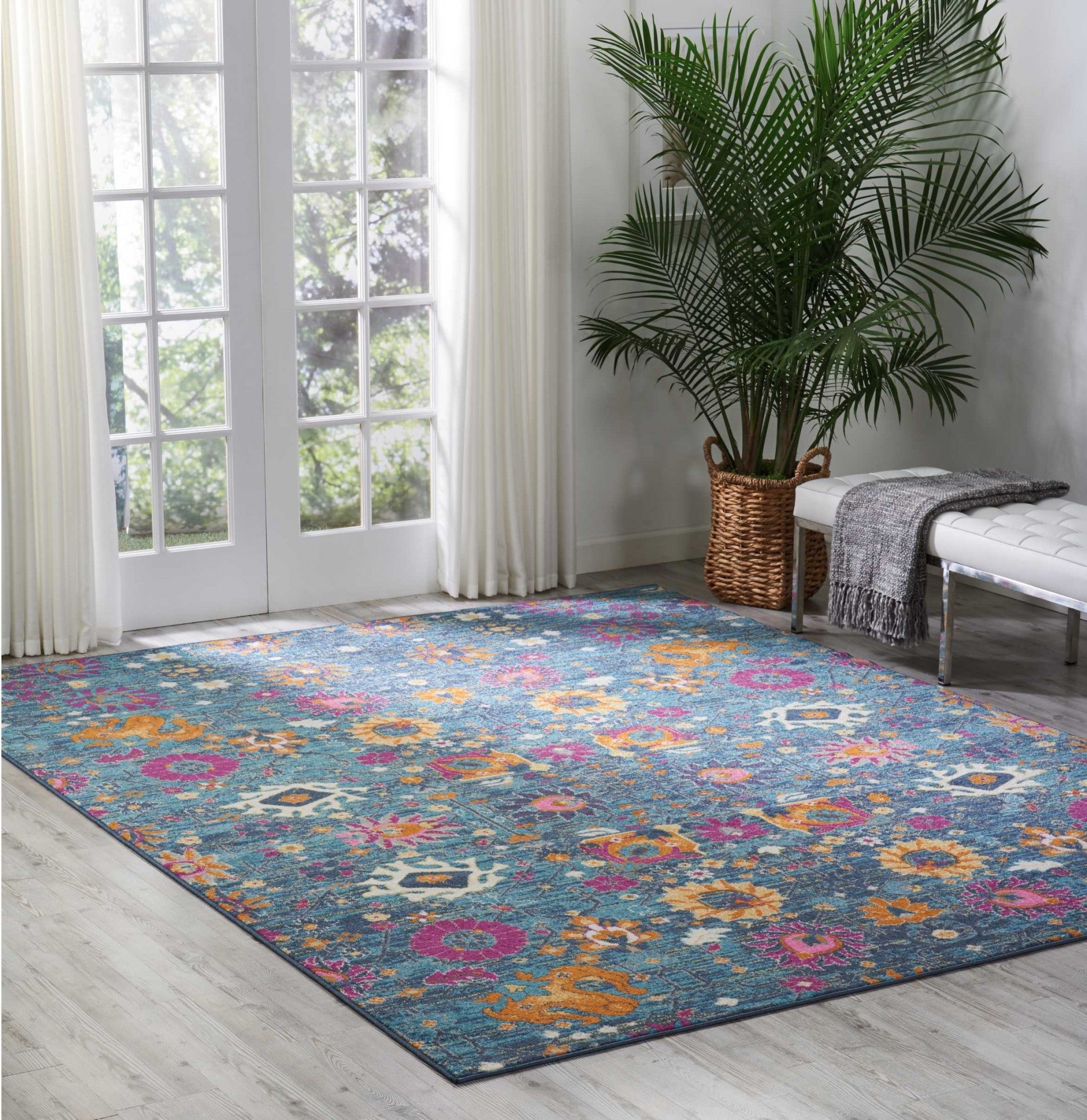 8' X 10' Blue And Orange Floral Power Loom Area Rug