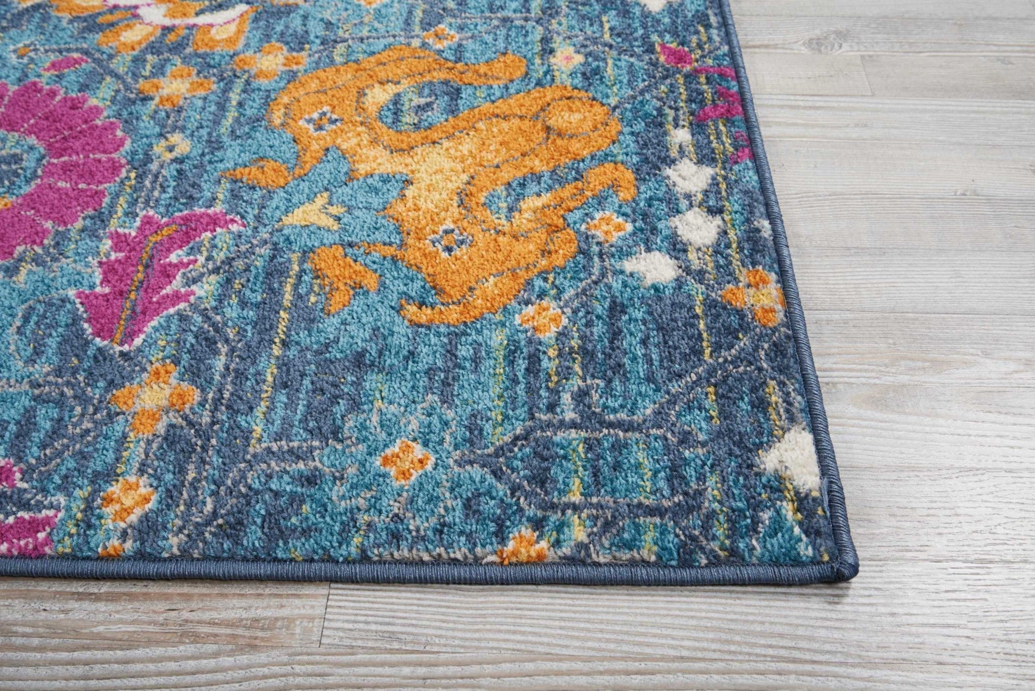 8' X 10' Blue And Orange Floral Power Loom Area Rug