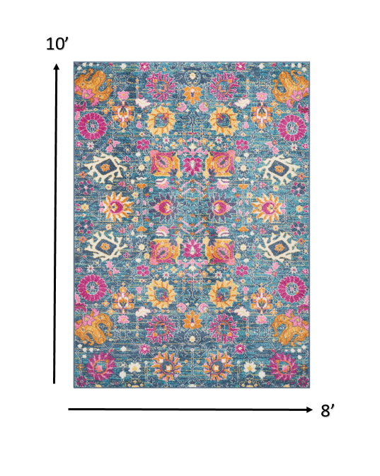 8' X 10' Blue And Orange Floral Power Loom Area Rug