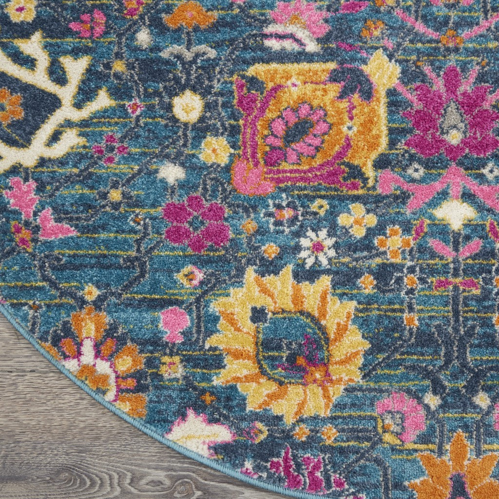 8' Blue And Orange Round Floral Power Loom Area Rug