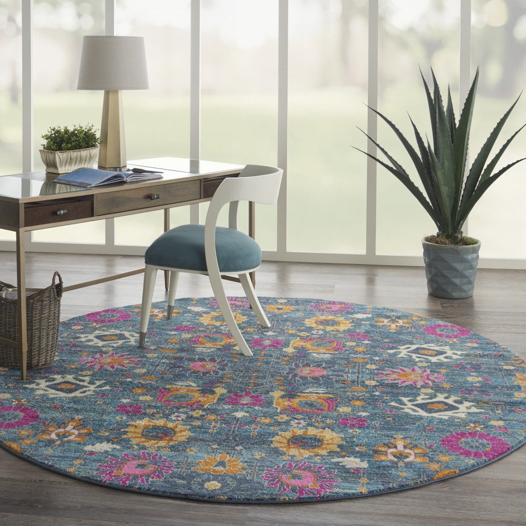 8' Blue And Orange Round Floral Power Loom Area Rug