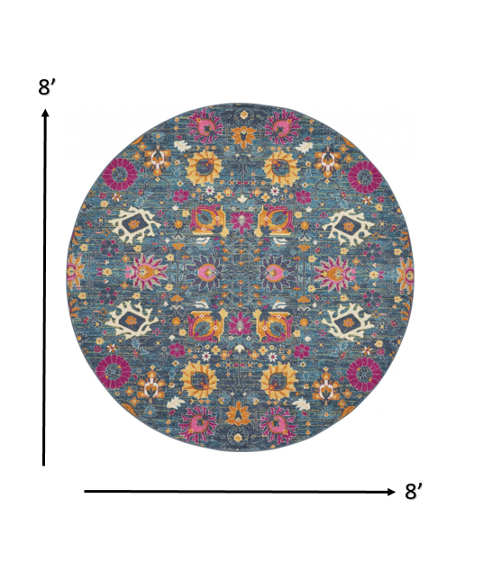 8' Blue And Orange Round Floral Power Loom Area Rug