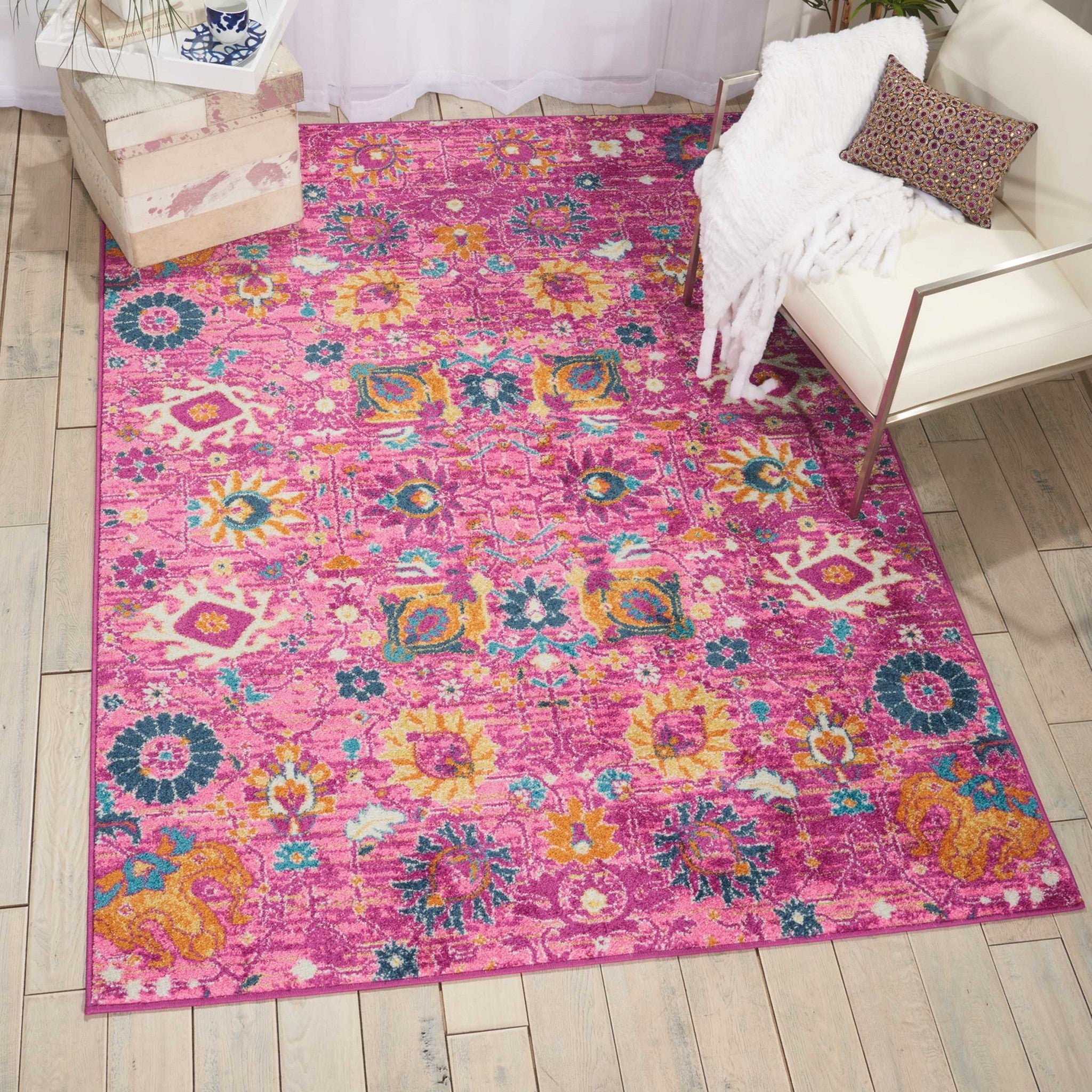 5' X 7' Fuchsia Floral Power Loom Area Rug