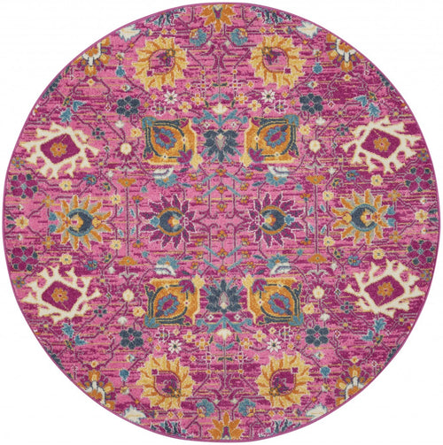 5' Fuchsia Round Floral Power Loom Area Rug