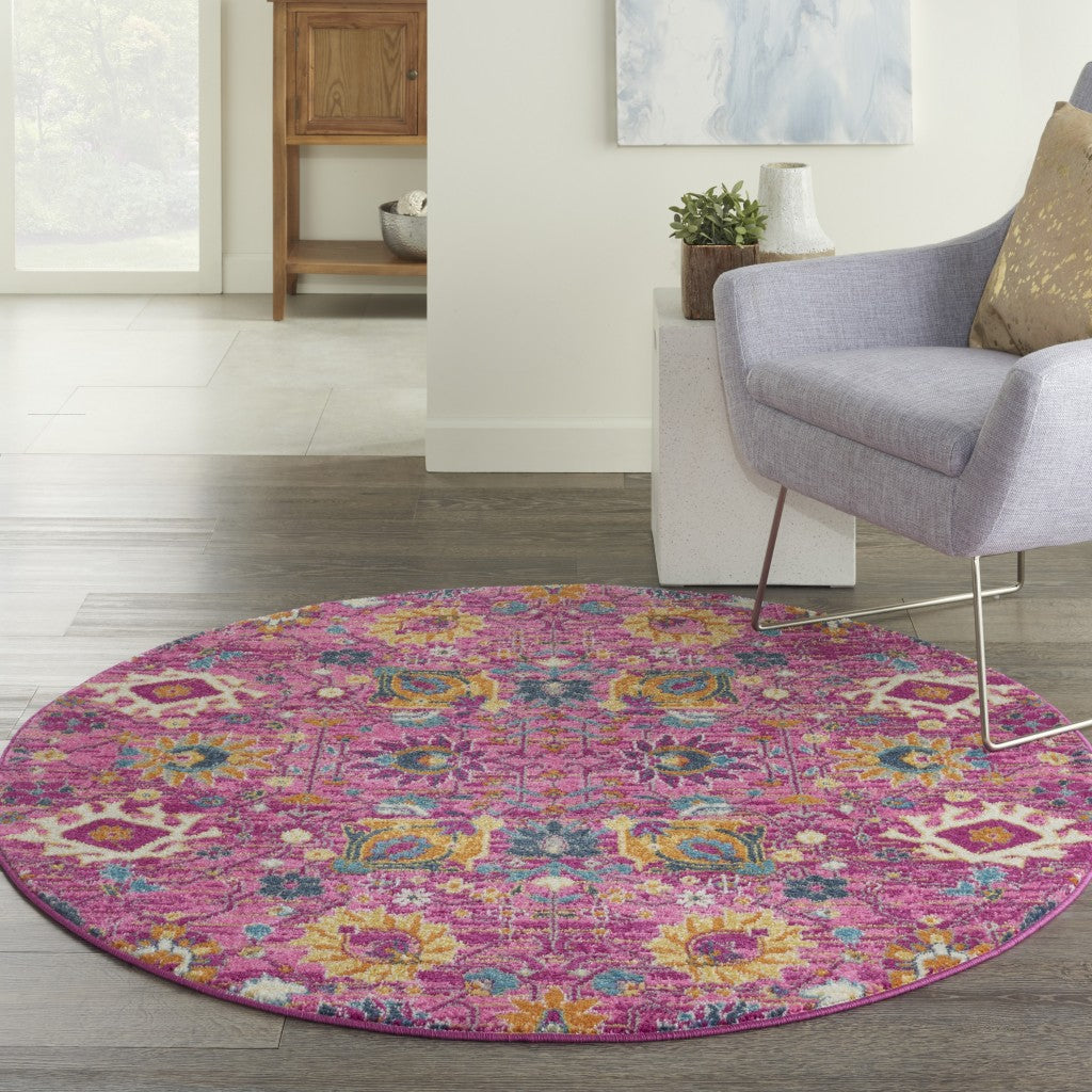 5' Fuchsia Round Floral Power Loom Area Rug