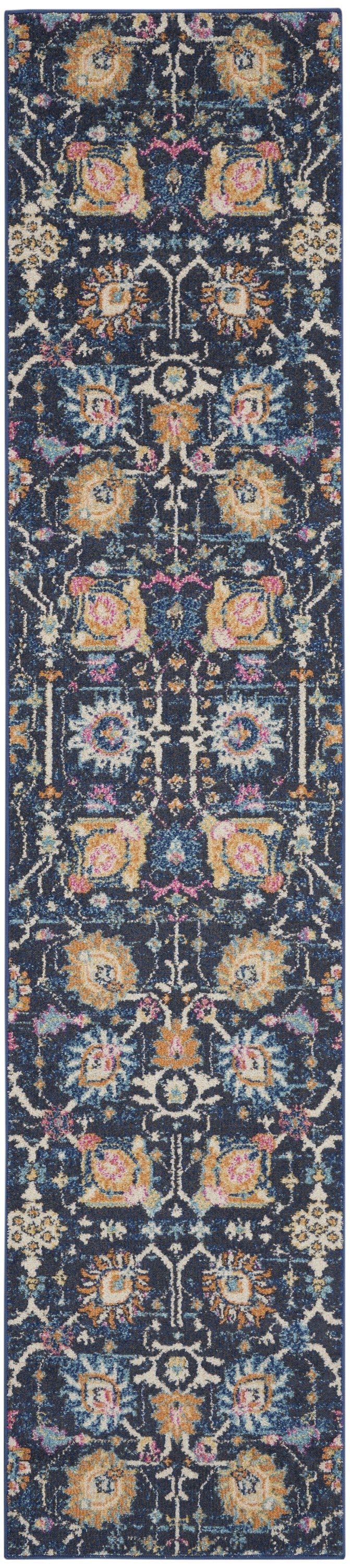 10' Navy Blue Floral Power Loom Runner Rug