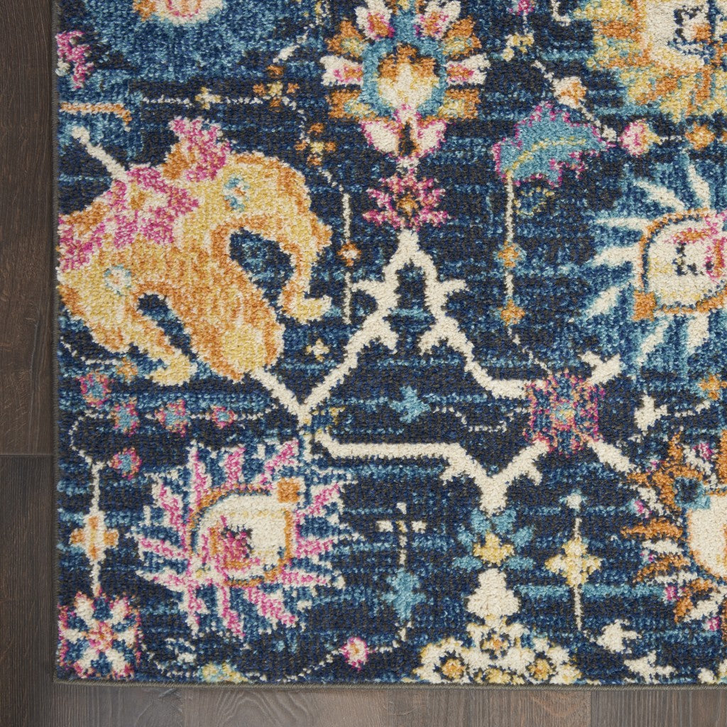 10' Navy Blue Floral Power Loom Runner Rug