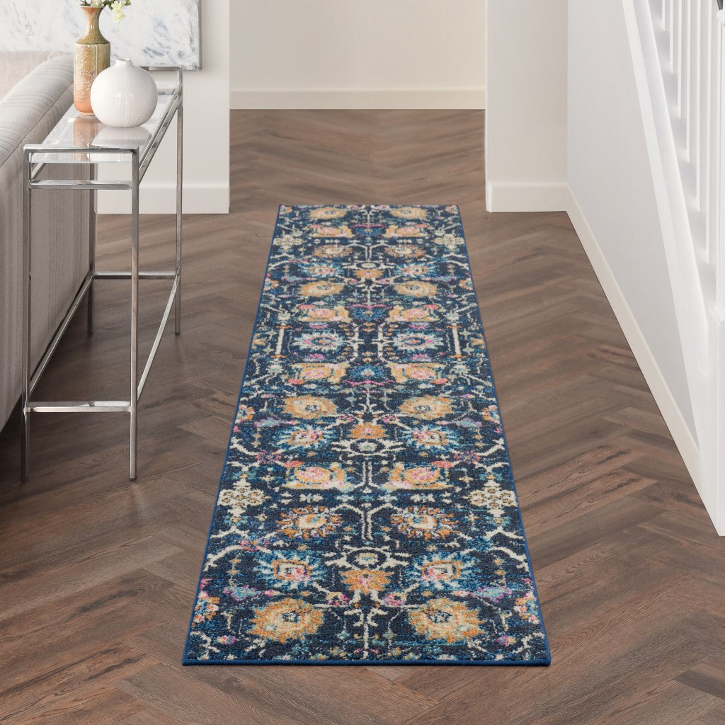 10' Navy Blue Floral Power Loom Runner Rug