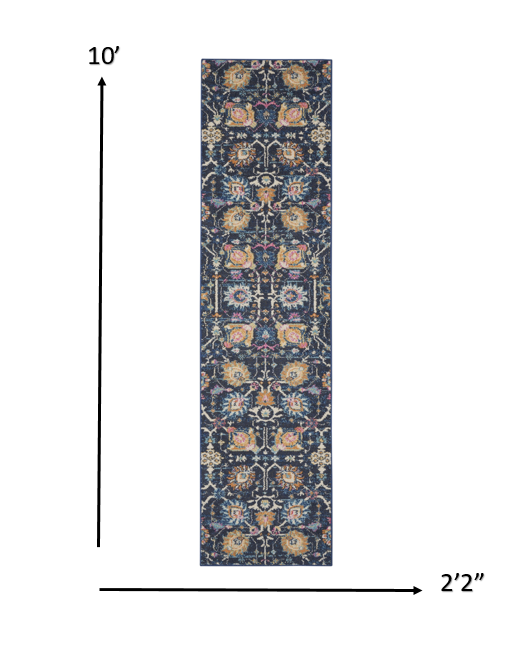 10' Navy Blue Floral Power Loom Runner Rug