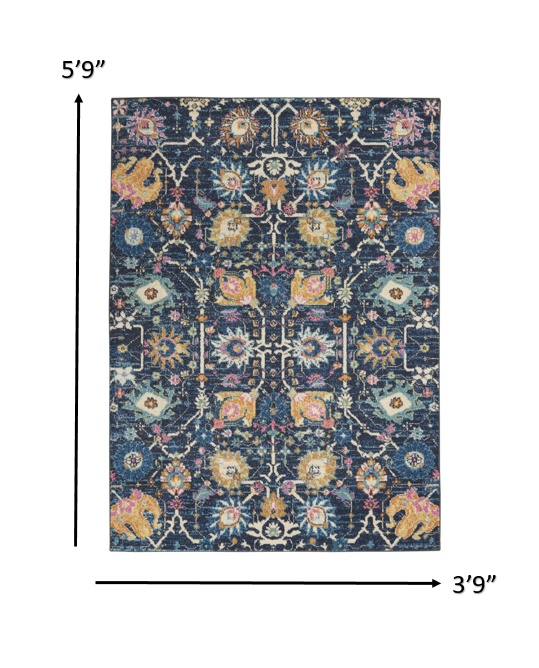 4' X 6' Navy Blue Floral Power Loom Area Rug