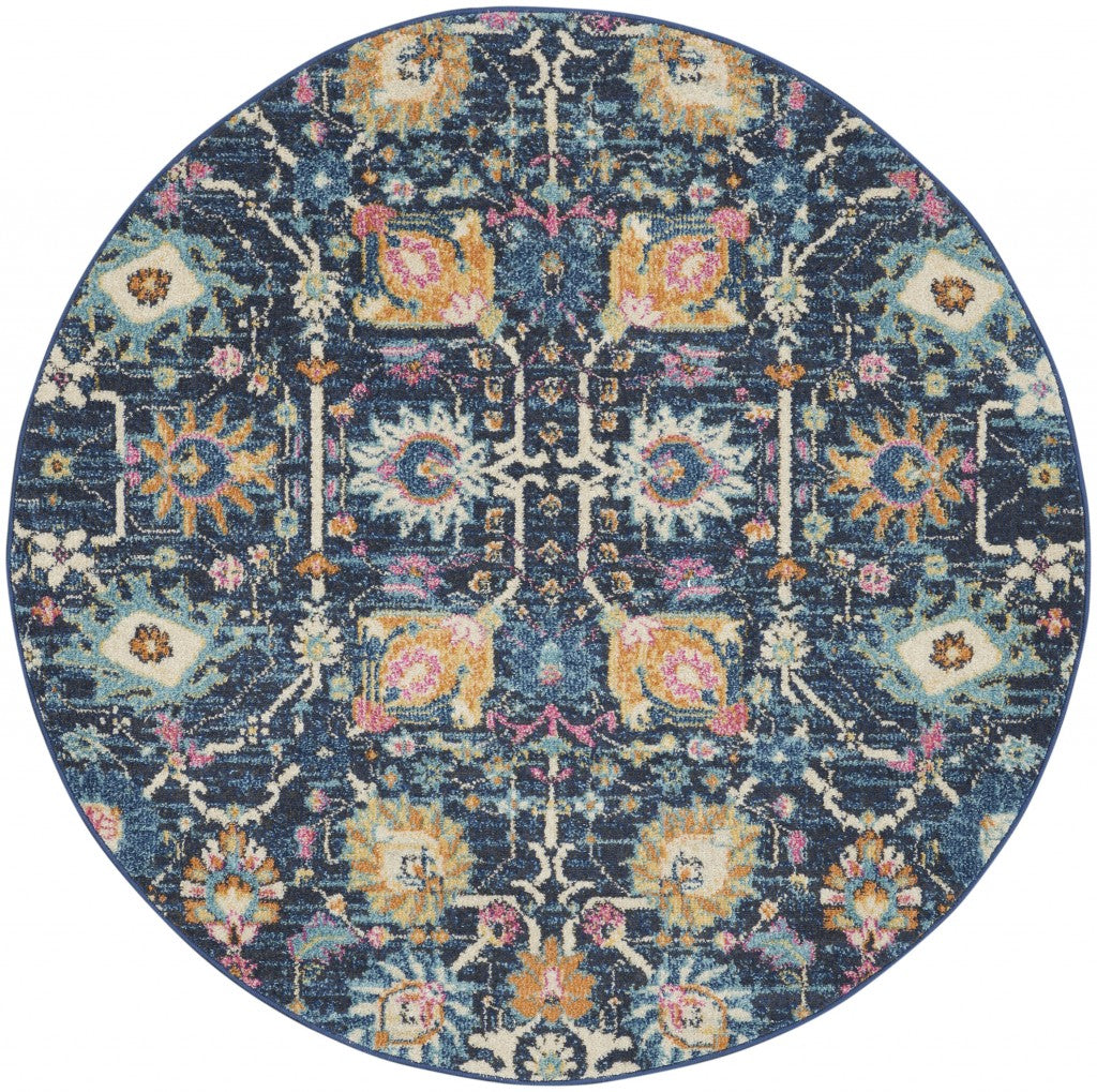 4' Navy Blue Round Floral Power Loom Area Rug