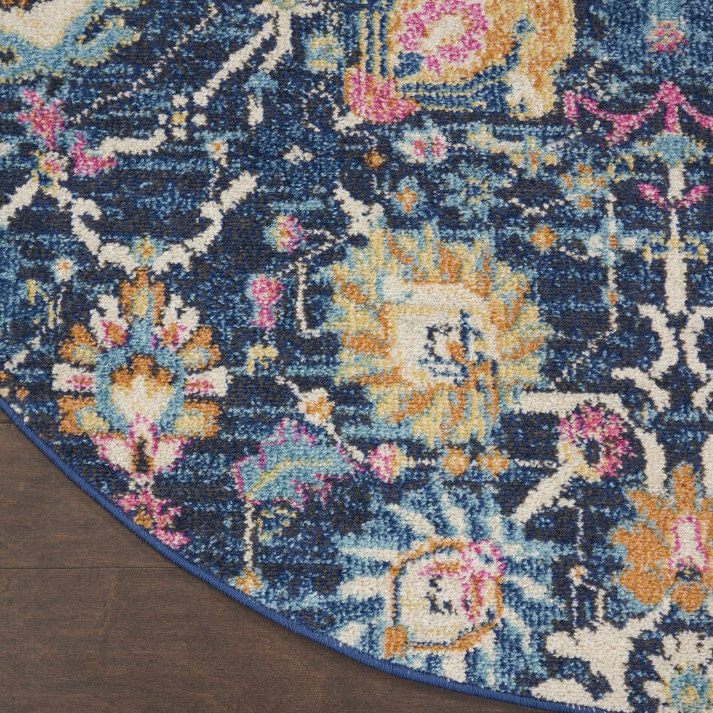 4' Navy Blue Round Floral Power Loom Area Rug