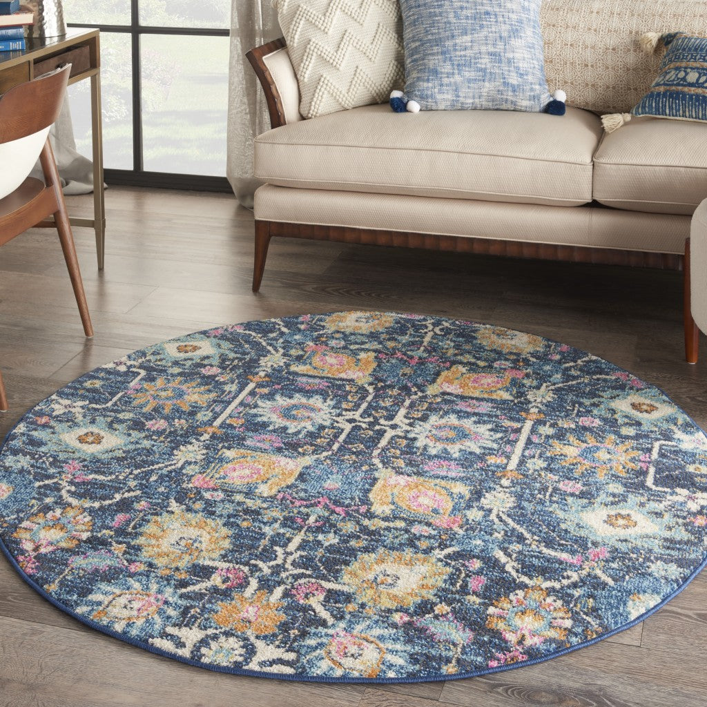 4' Navy Blue Round Floral Power Loom Area Rug