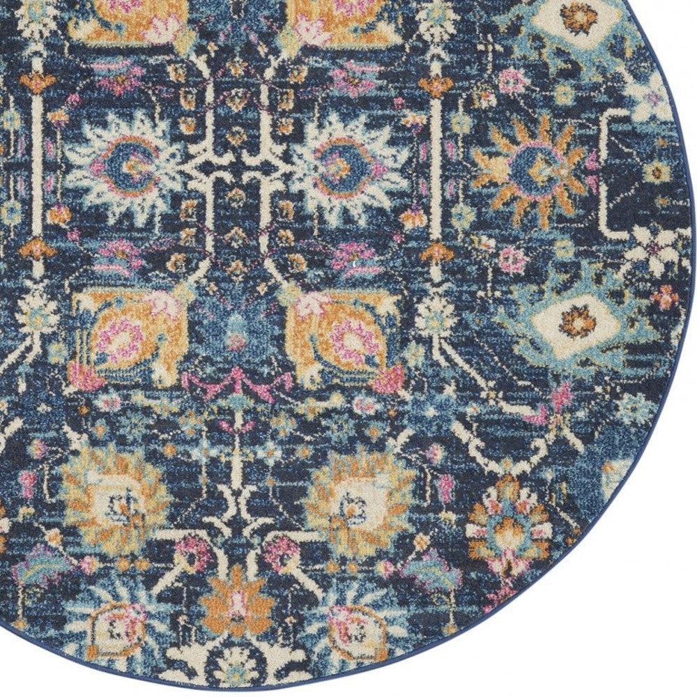 4' Navy Blue Round Floral Power Loom Area Rug