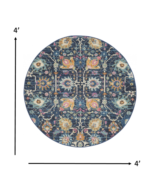 4' Navy Blue Round Floral Power Loom Area Rug