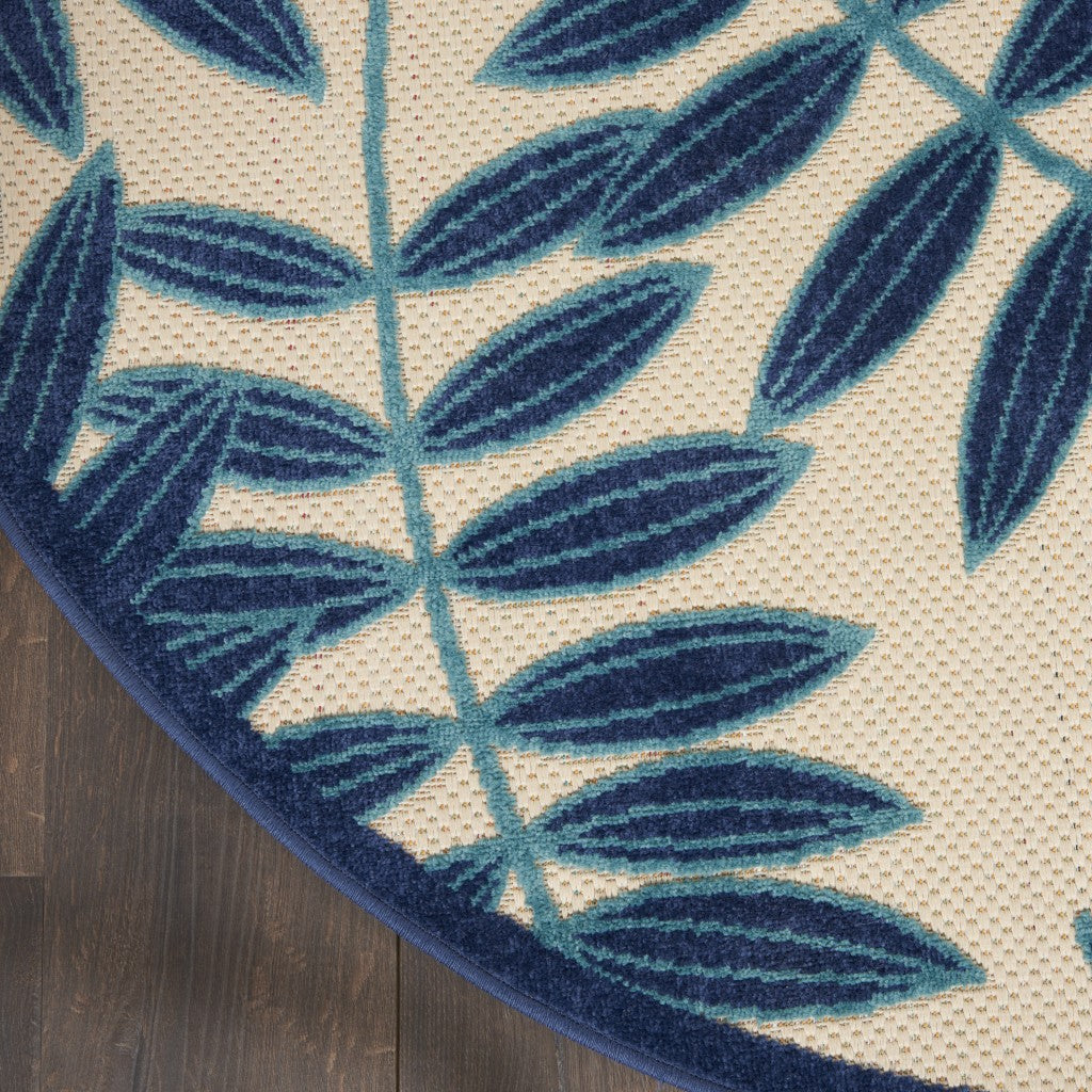 4' Round Blue And Ivory Round Floral Indoor Outdoor Area Rug