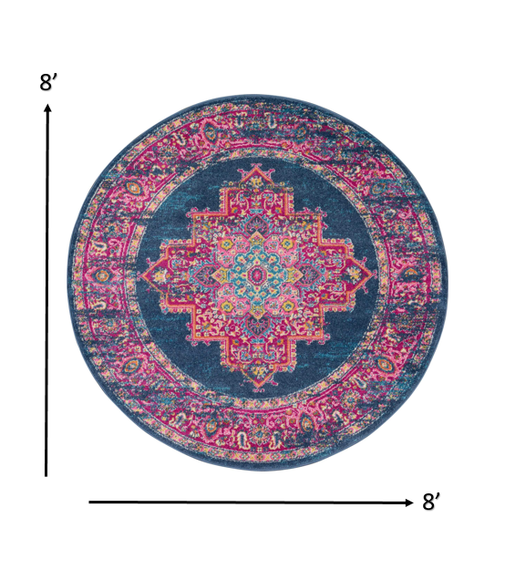 8' Blue Round Power Loom Area Rug