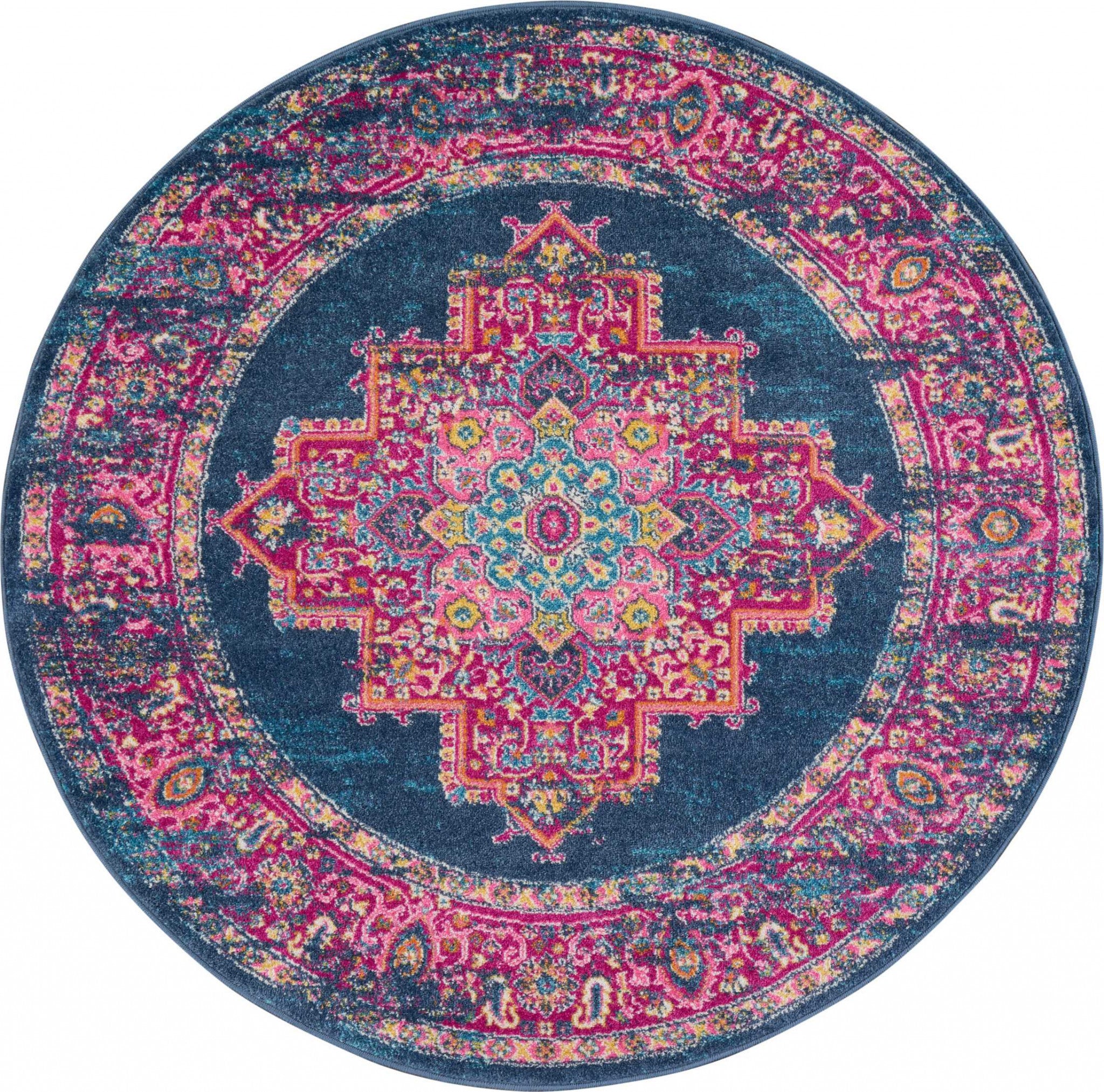 8' Blue Round Power Loom Area Rug