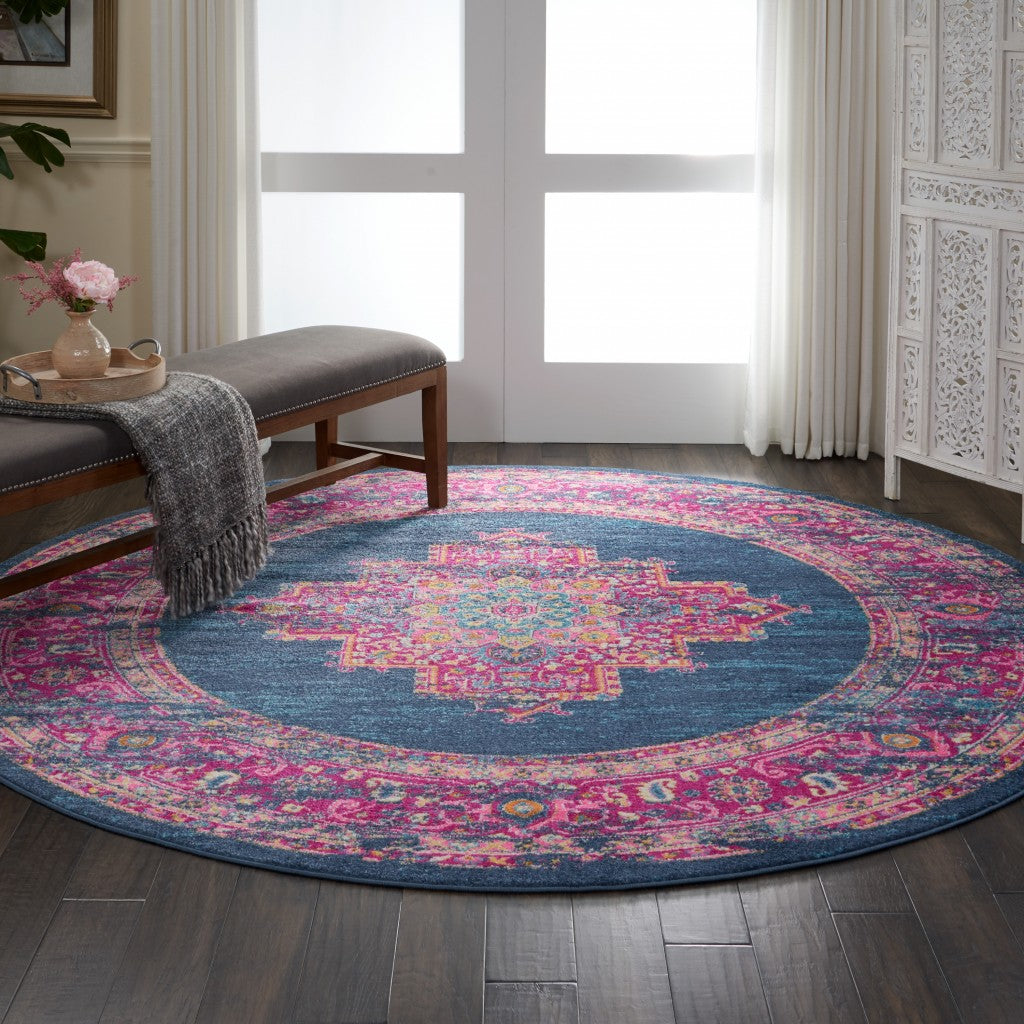 8' Blue Round Power Loom Area Rug