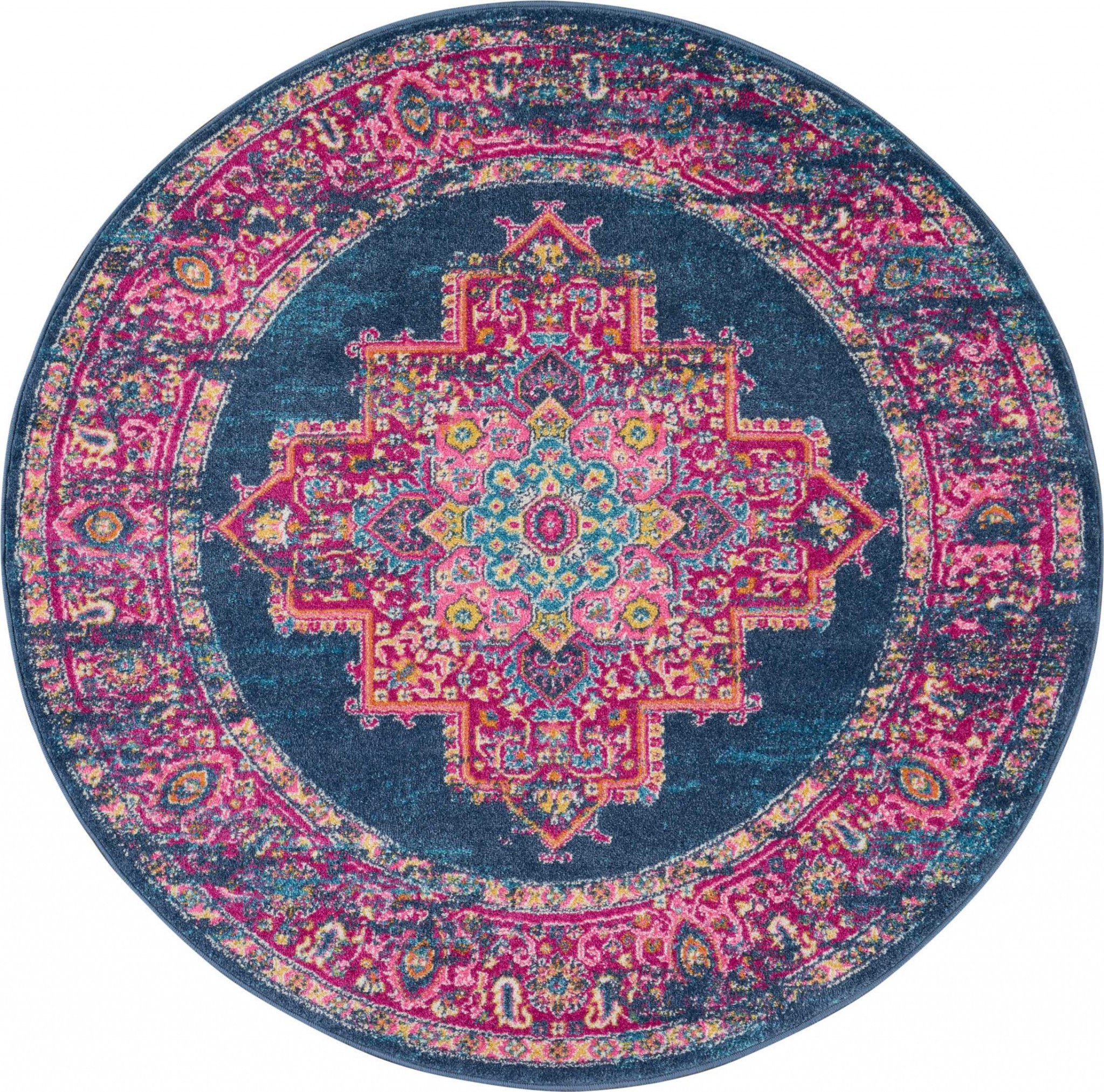 8' Blue Round Power Loom Area Rug