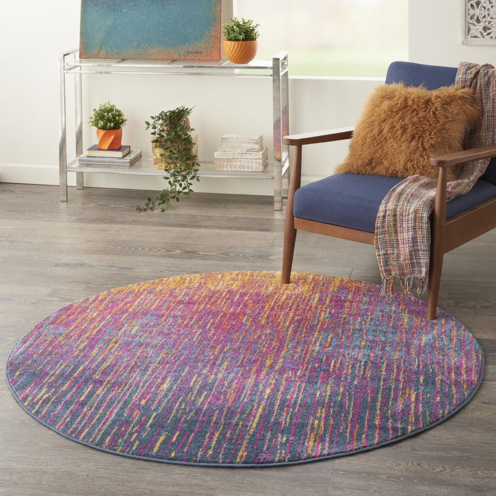 5' Blue And Pink Round Abstract Power Loom Area Rug