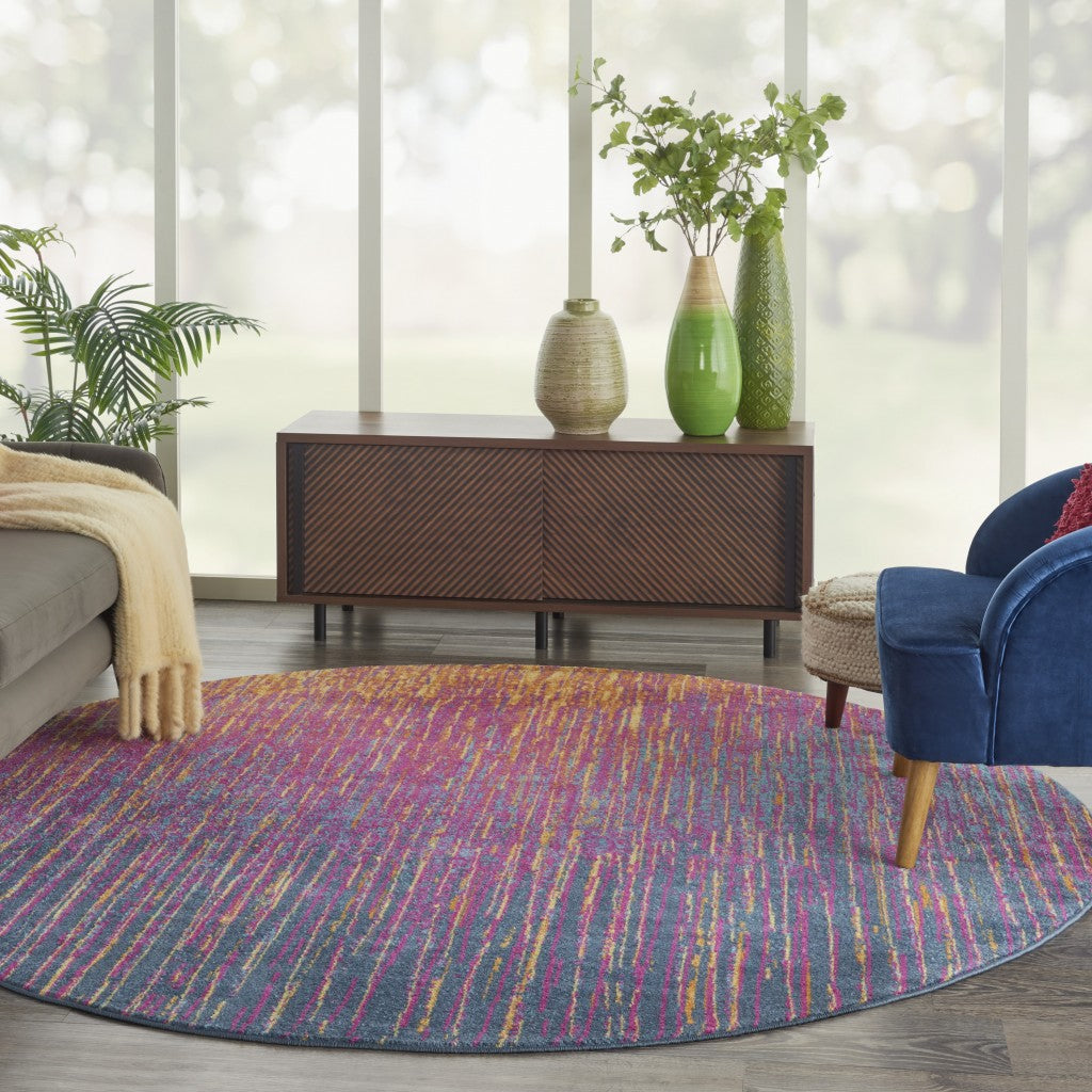 8' Blue And Pink Round Abstract Power Loom Area Rug