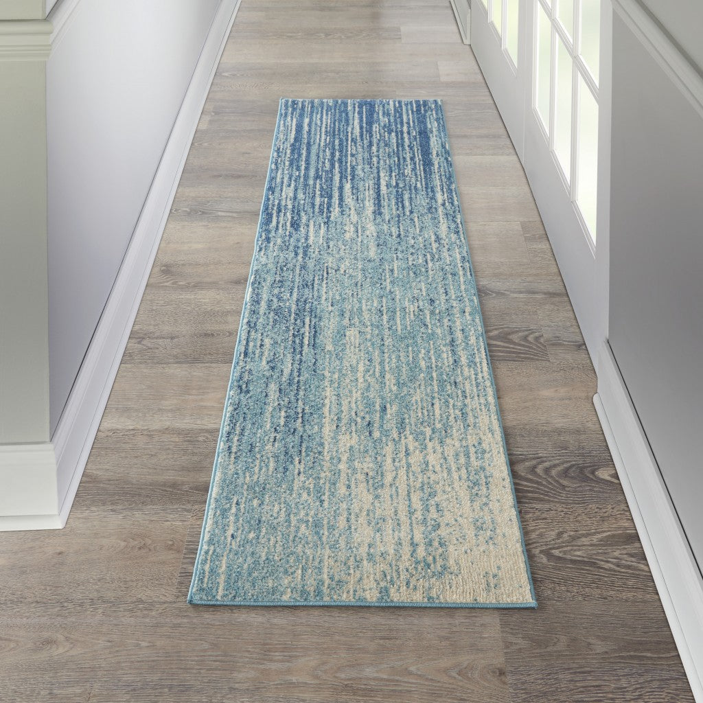 8' Ivory And Blue Abstract Power Loom Runner Rug