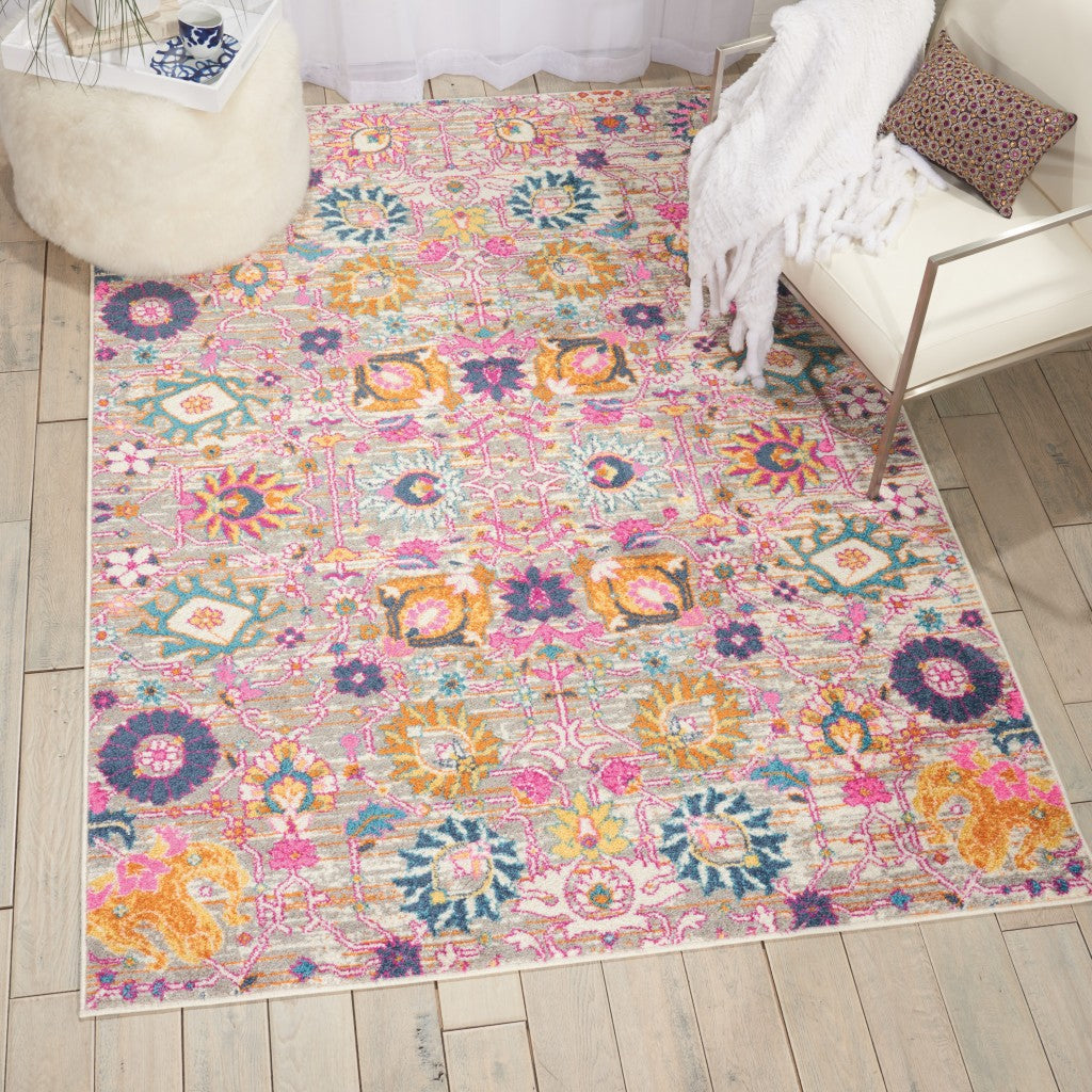 5' X 7' Silver Floral Power Loom Area Rug