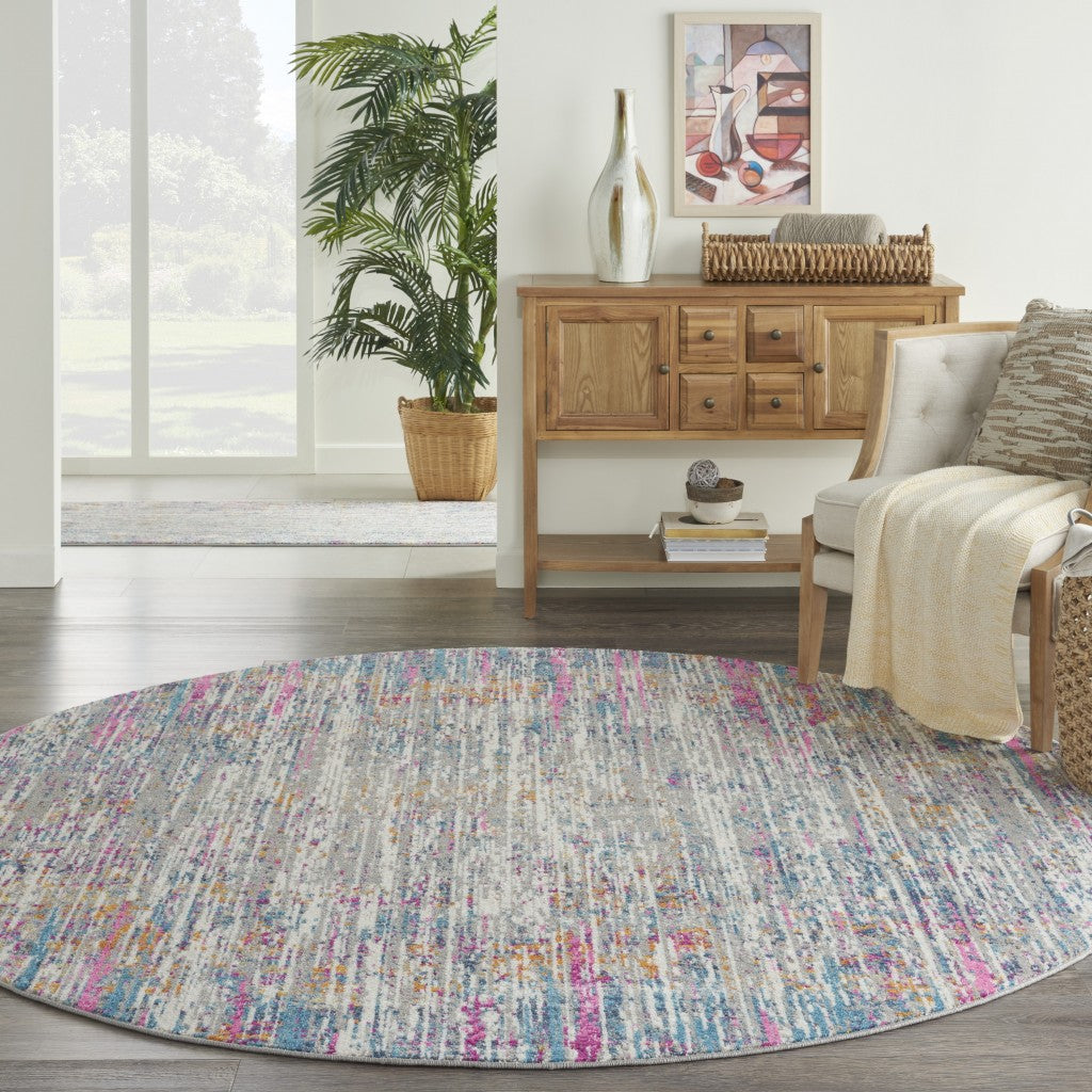 8' Pink And Ivory Round Abstract Power Loom Area Rug