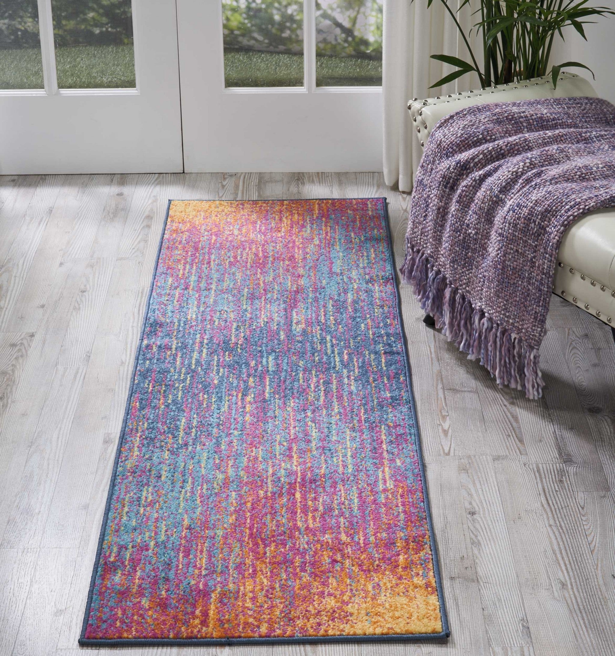 6' Blue And Pink Abstract Power Loom Runner Rug