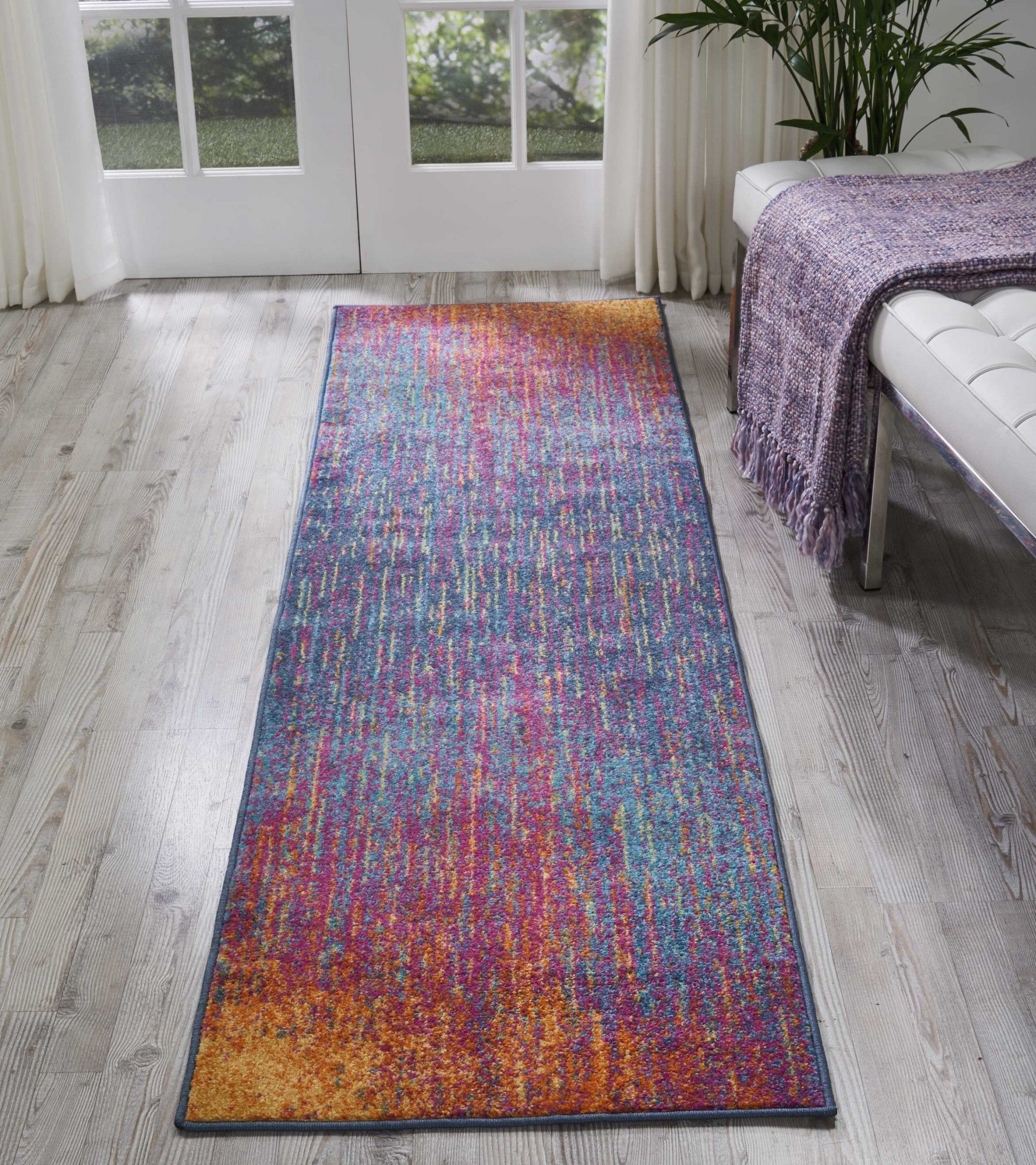 8' Blue And Pink Abstract Power Loom Runner Rug