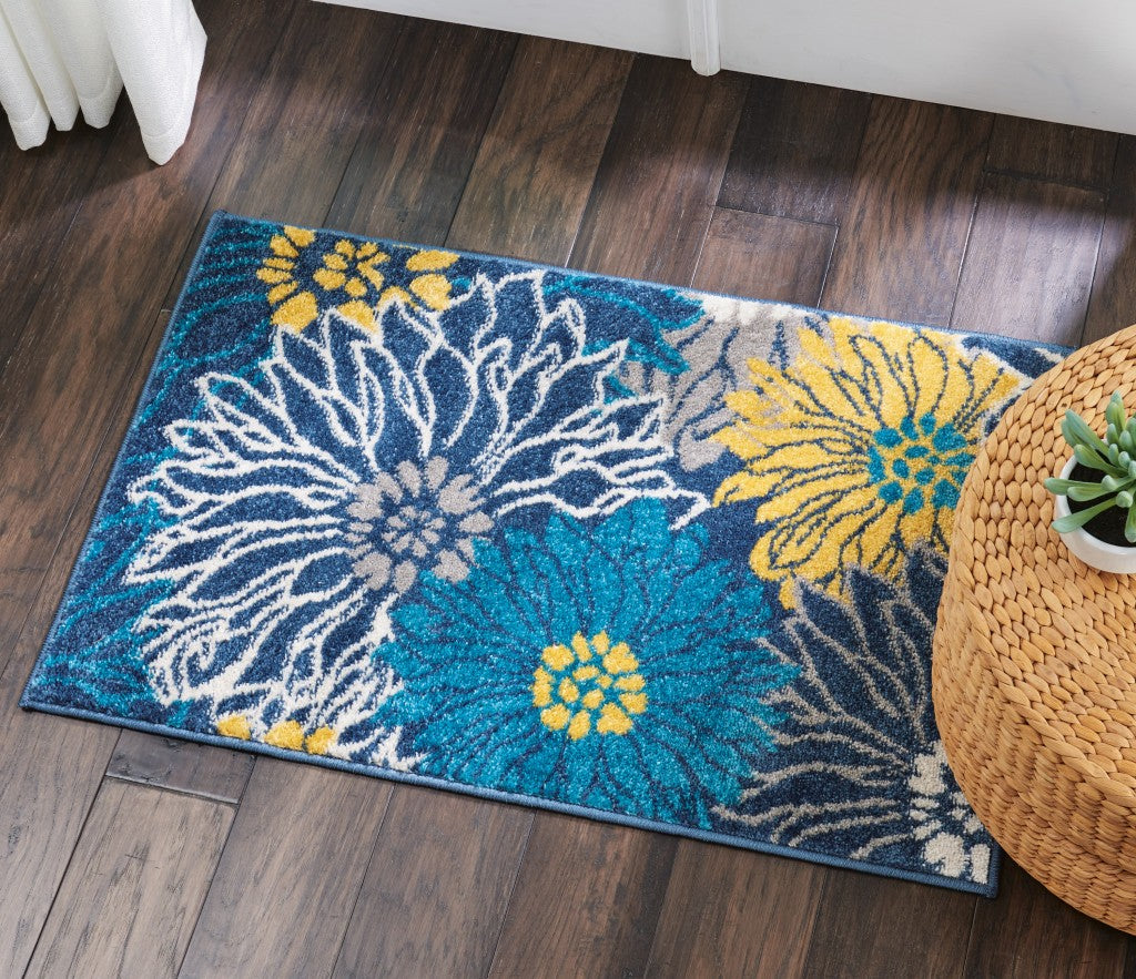 2' X 3' Blue Floral Power Loom Area Rug