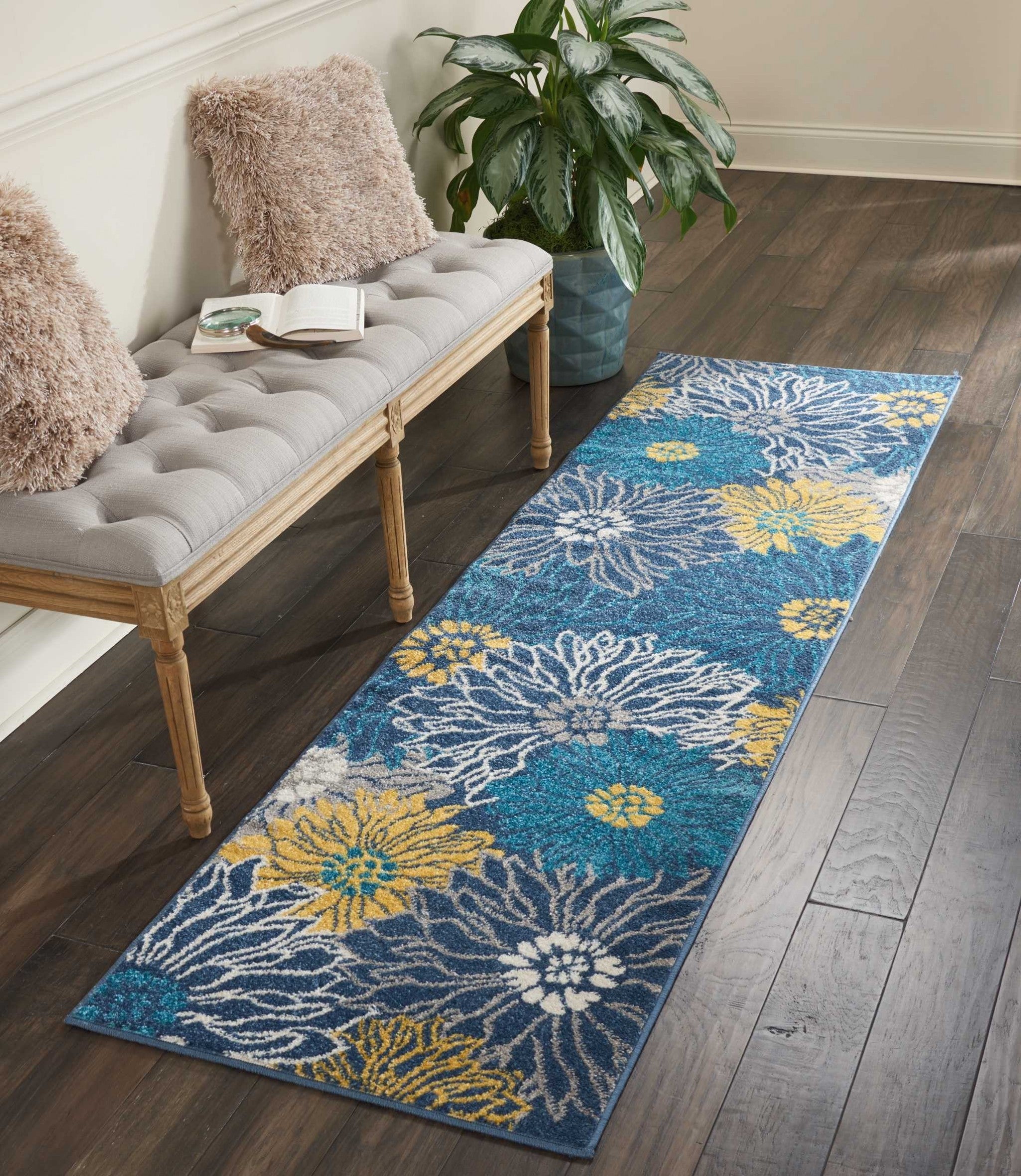 8' Blue Floral Power Loom Runner Rug