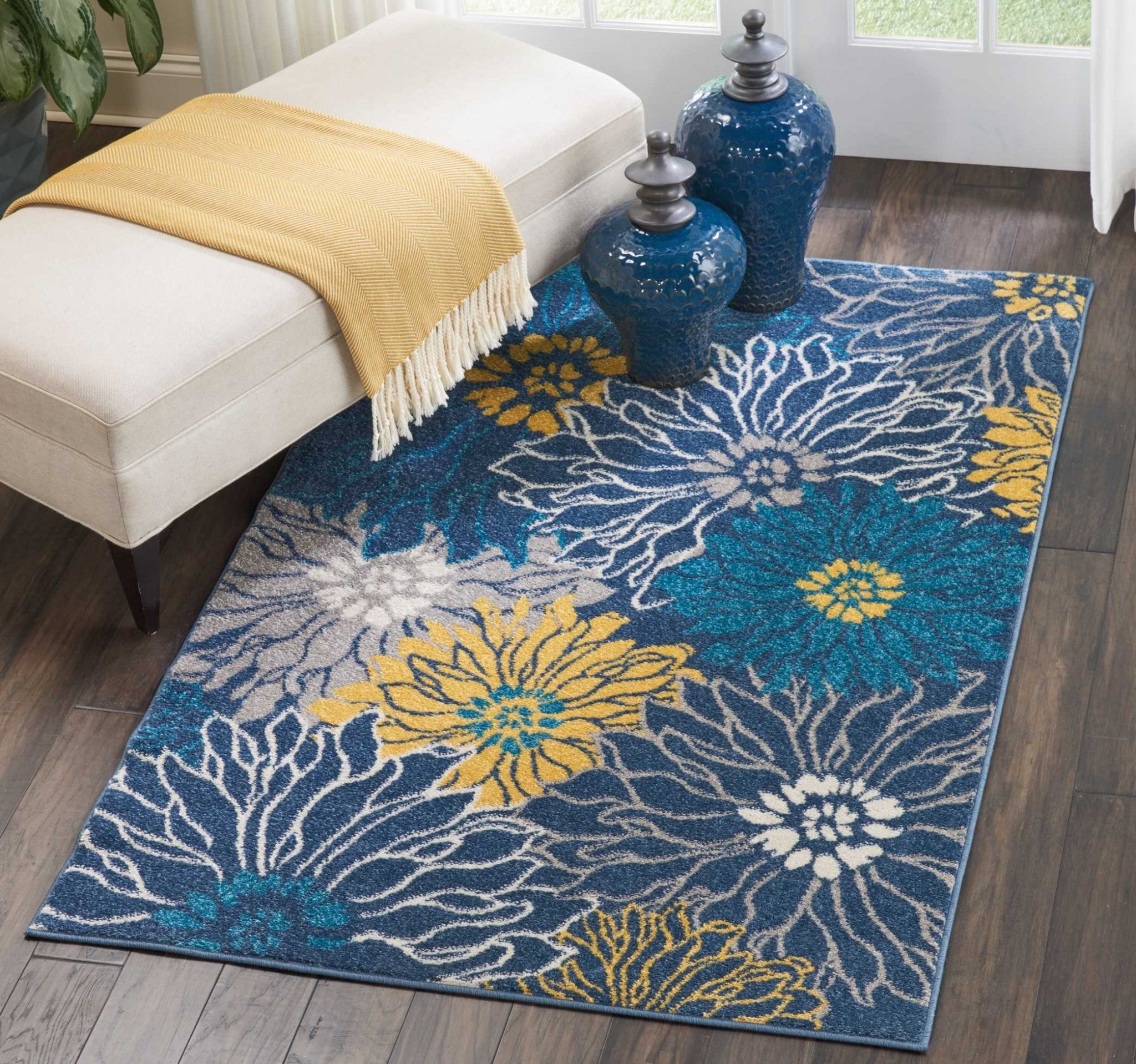 4' X 6' Blue Floral Power Loom Area Rug