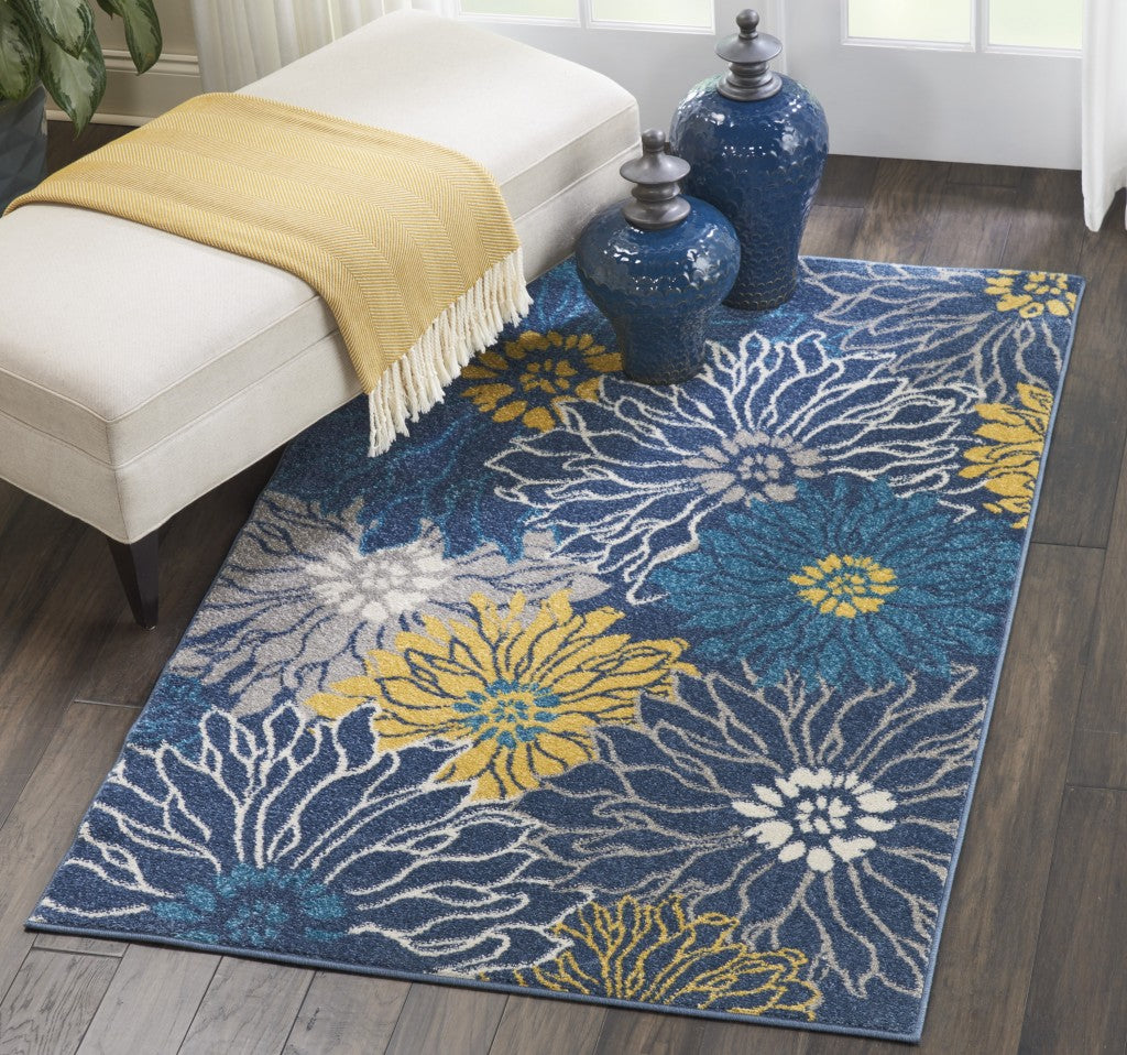 4' X 6' Blue Floral Power Loom Area Rug