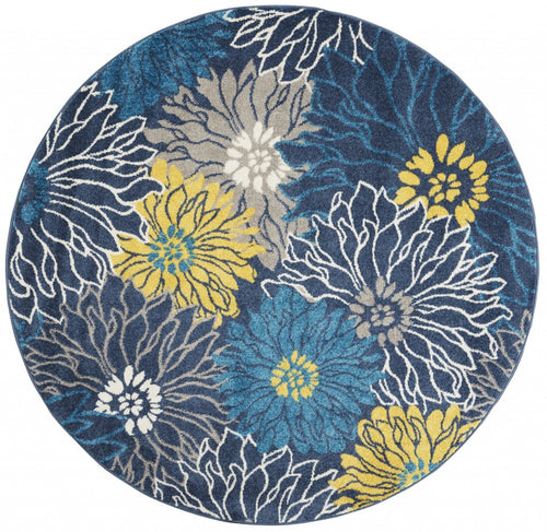 4' Blue Round Floral Power Loom Area Rug