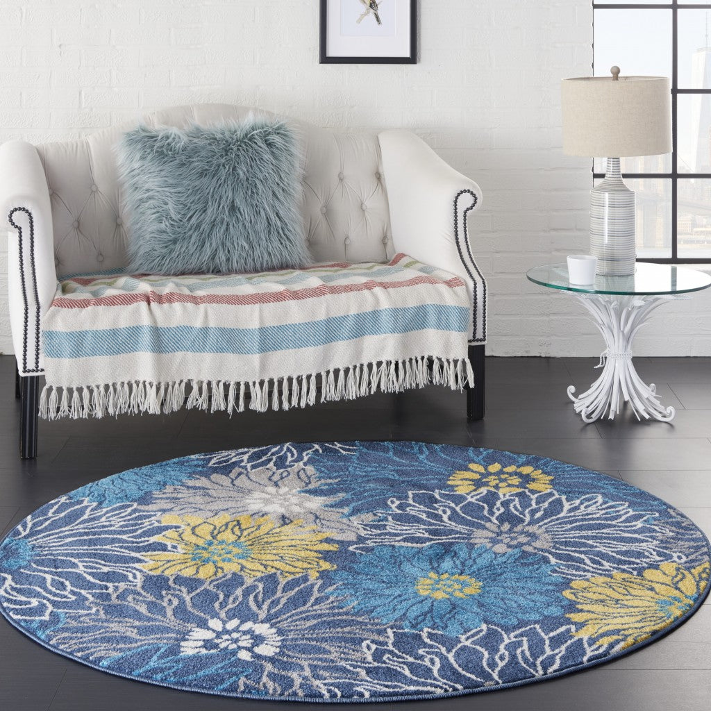 4' Blue Round Floral Power Loom Area Rug