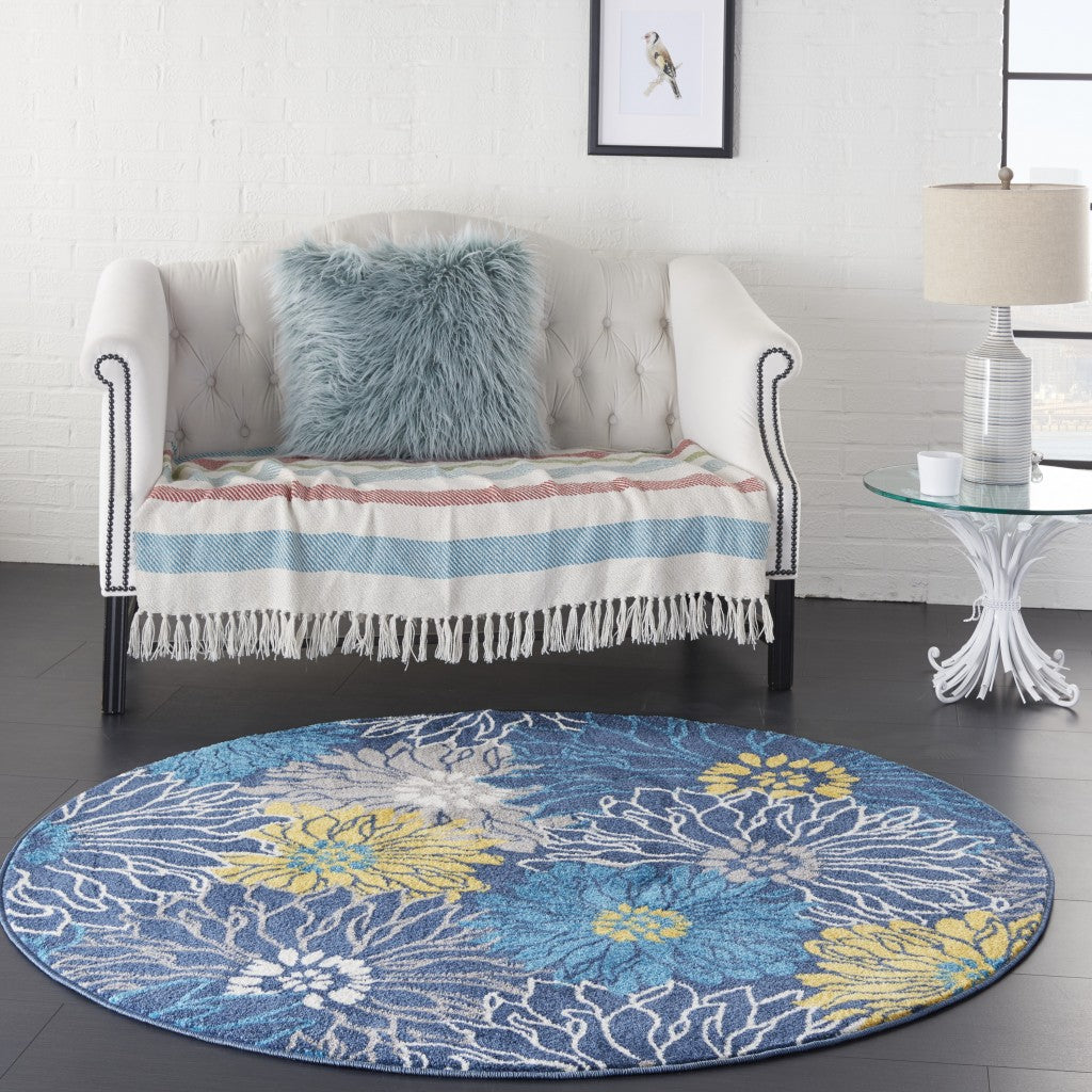 4' Blue Round Floral Power Loom Area Rug