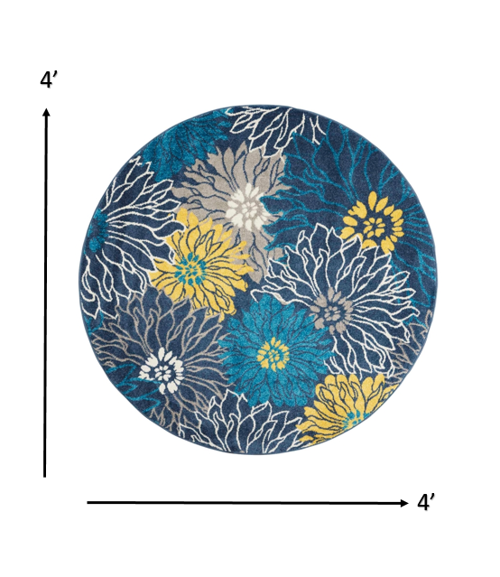 4' Blue Round Floral Power Loom Area Rug