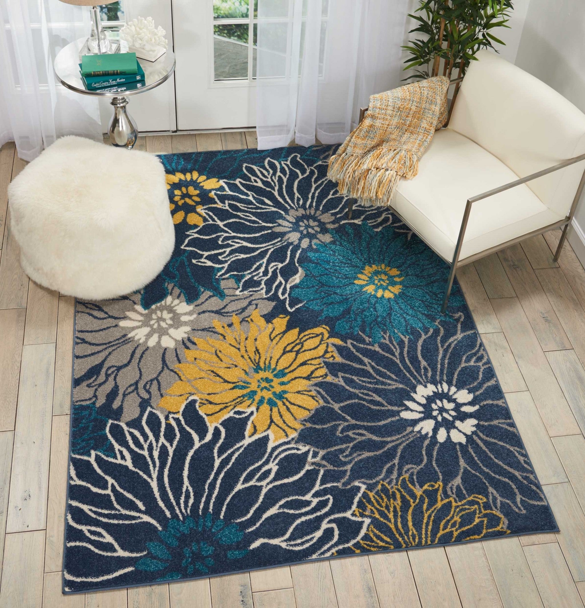 5' X 7' Blue Floral Power Loom Area Rug