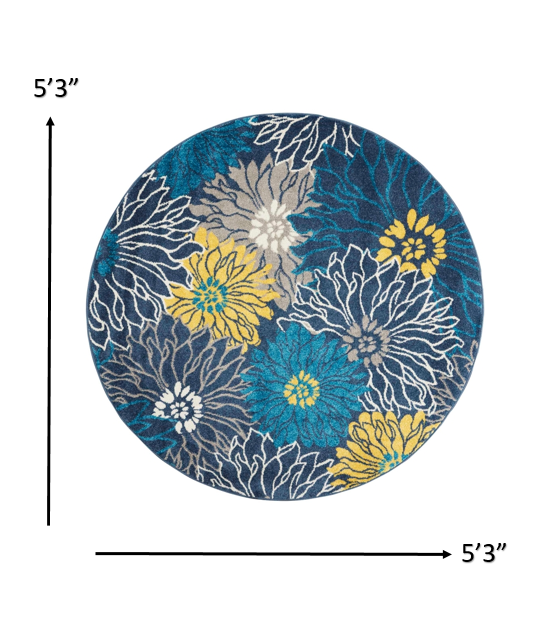 5' Blue Round Floral Power Loom Area Rug