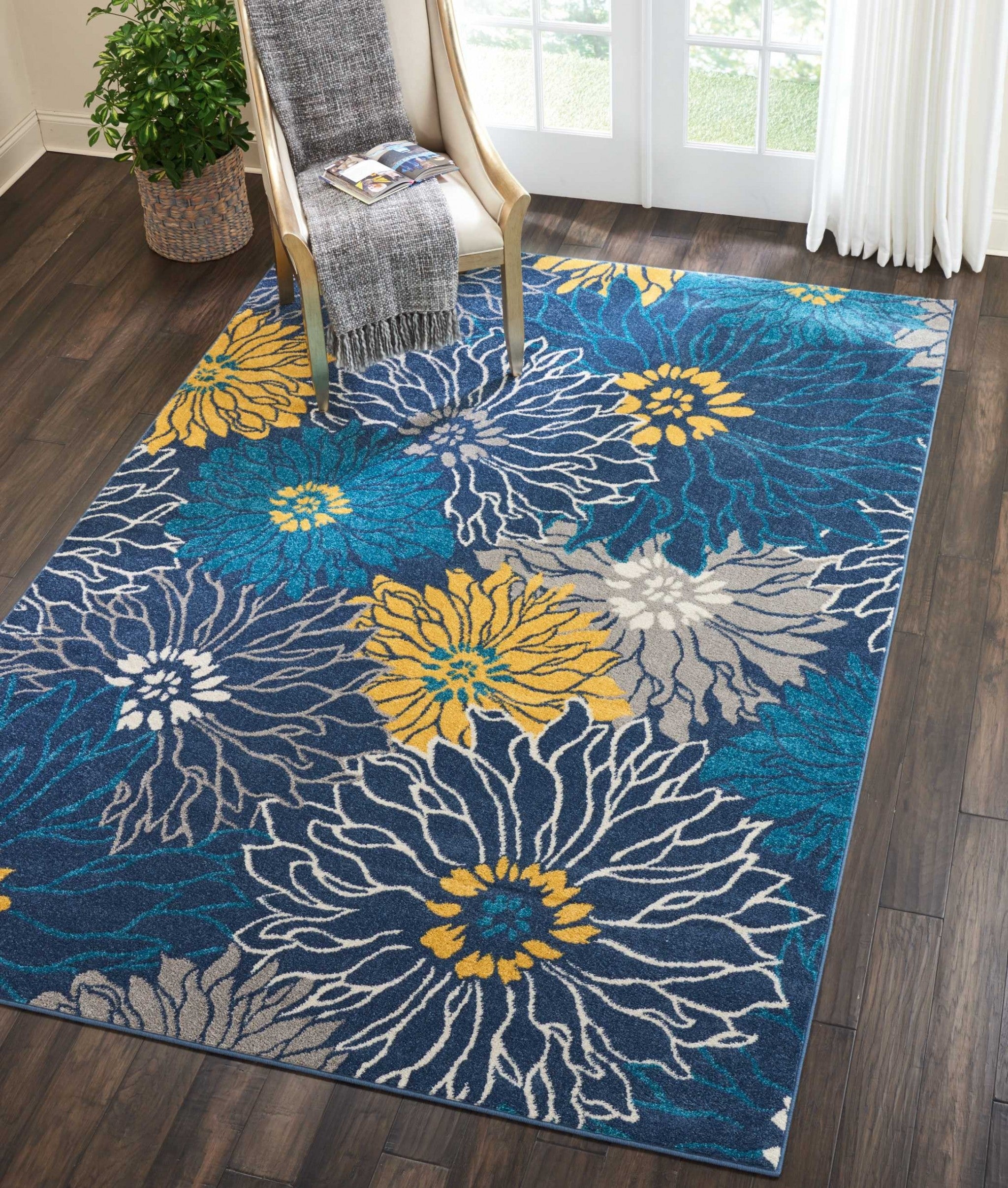 7' X 10' Blue Floral Power Loom Area Rug