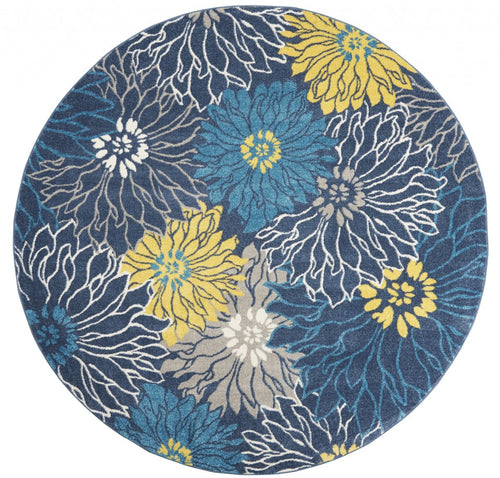 8' Blue Round Floral Power Loom Area Rug