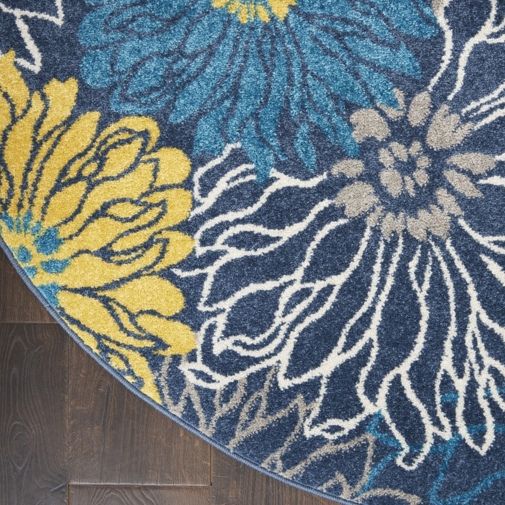 8' Blue Round Floral Power Loom Area Rug