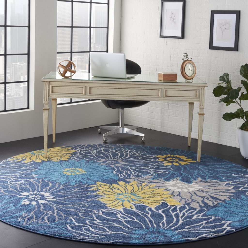 8' Blue Round Floral Power Loom Area Rug