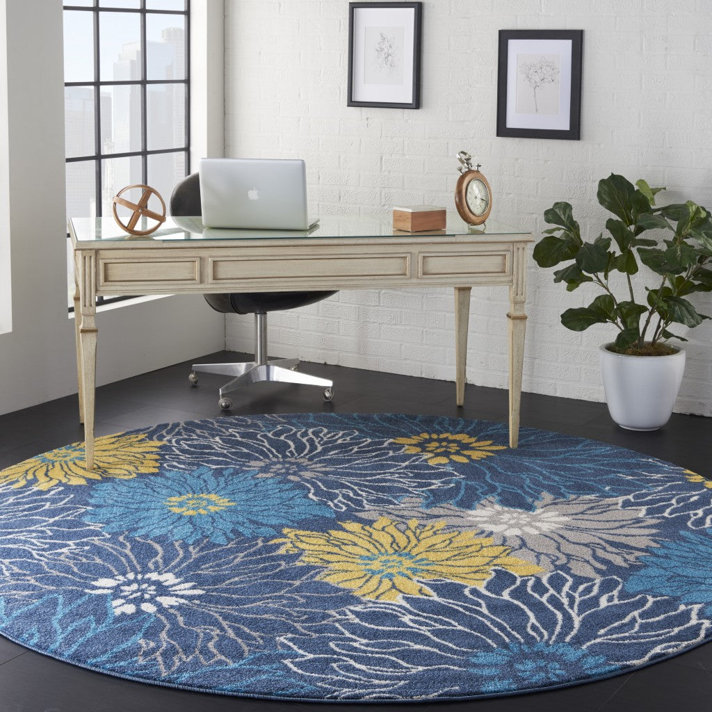 8' Blue Round Floral Power Loom Area Rug