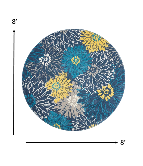 8' Blue Round Floral Power Loom Area Rug