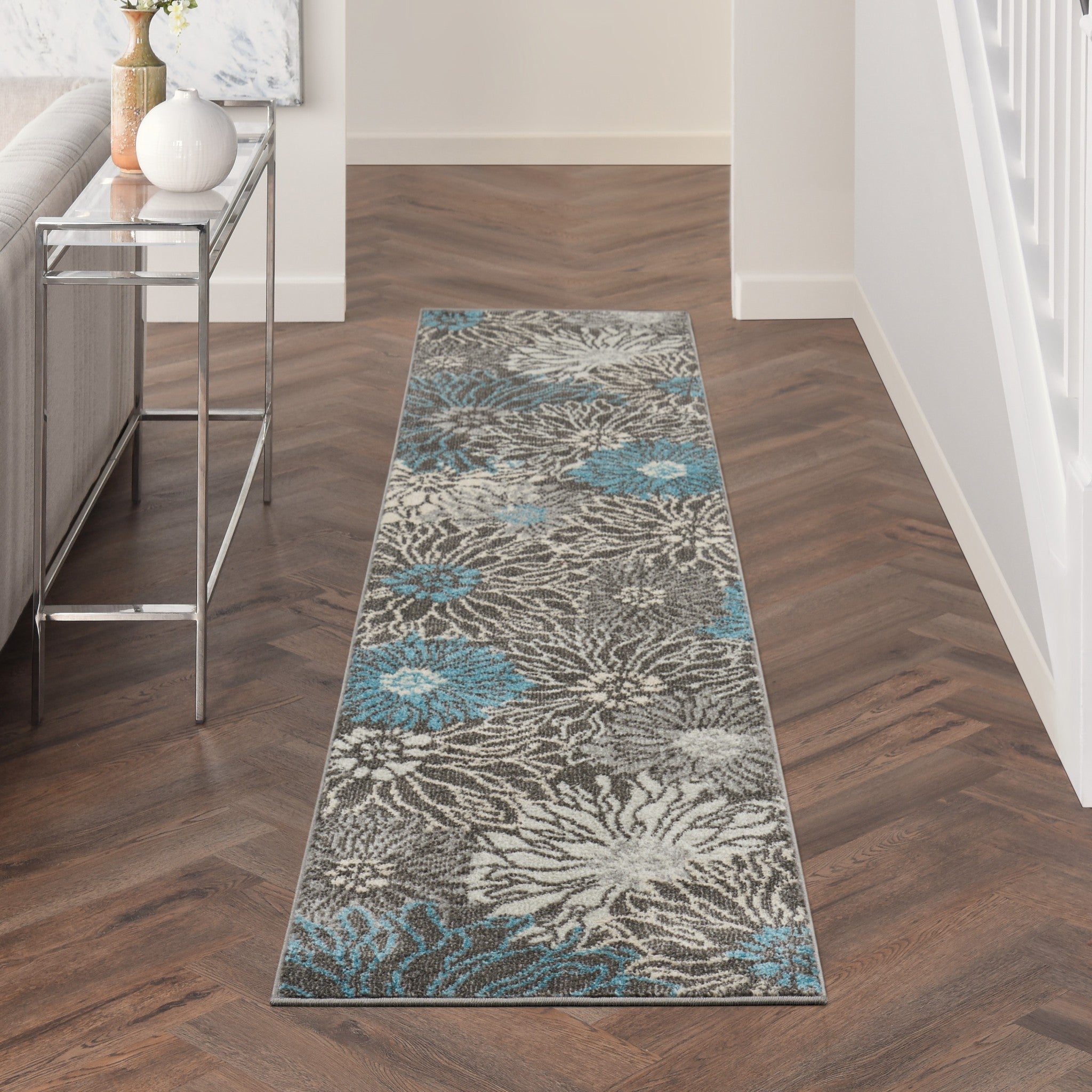 10' Blue And Gray Floral Power Loom Runner Rug